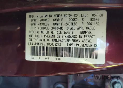 2008 Honda Accord 2.4 Ex z USA, uszkodzony, nr VIN JHMCP26718C078238